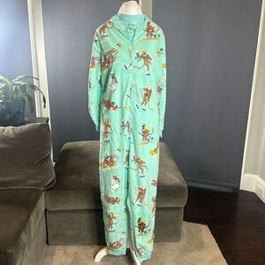 Nick & Nora Adult Teen Unisex Fleece One Piece Sock Monkeys Pajama Size L NWT